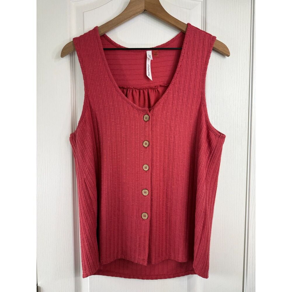 NY Collection Women's Ribbed Sleeveless Button Front Tank Top Orange Red L